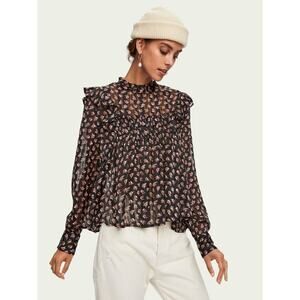 SCOTCH & SODA Floaty Ruffled Black Long Sleeve Floral Top Sz S